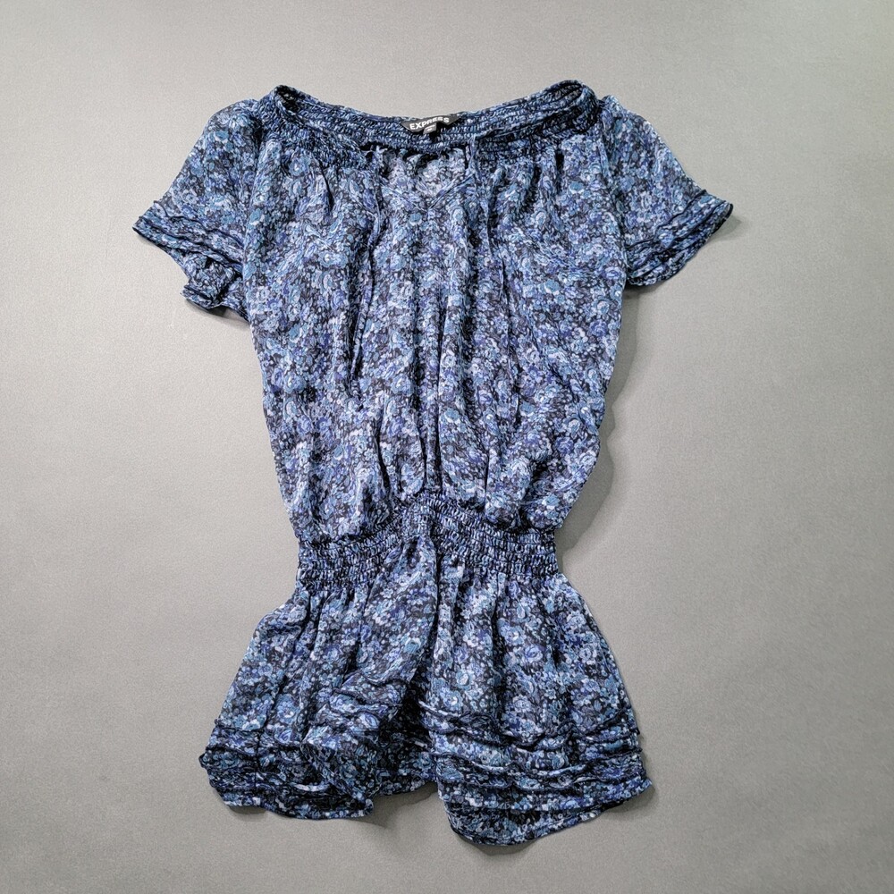 EXPRESS Women's Blue Floral Print Smocked Waist Short Sleeve Romper